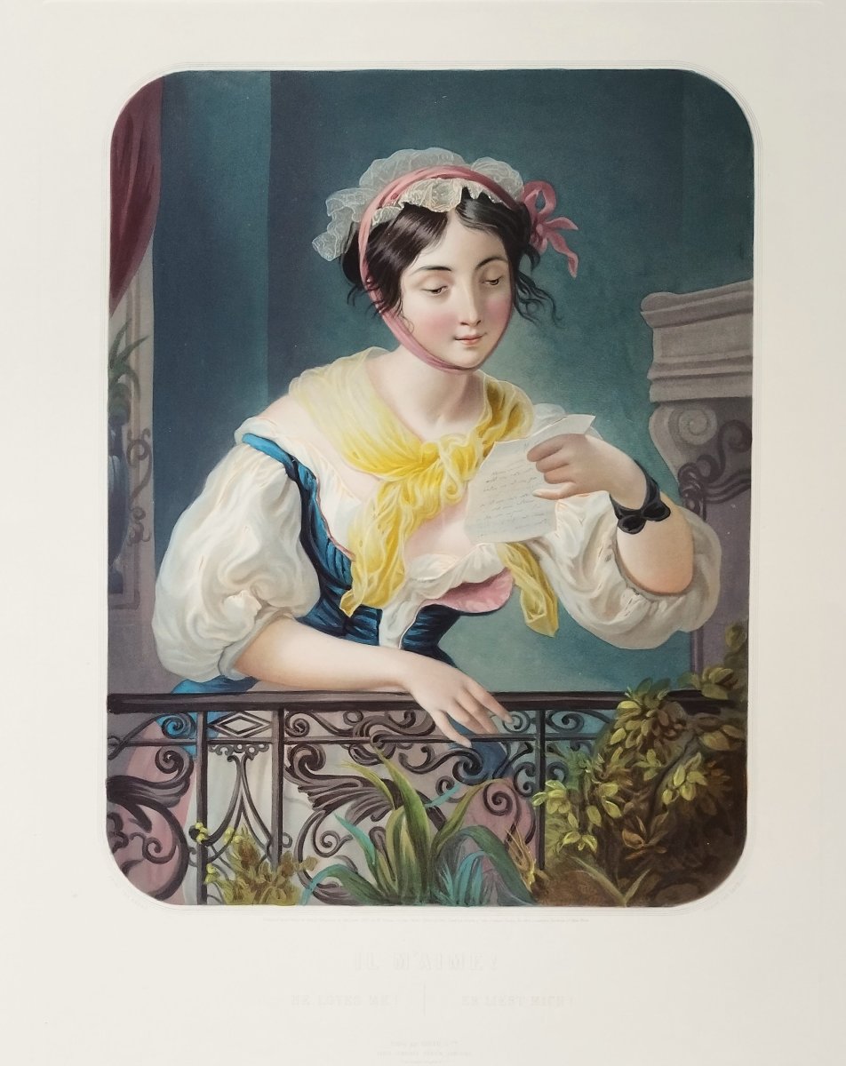 Portrait de femme gravure  ancienne par Garnier d'après André, aquarellée -photo-3