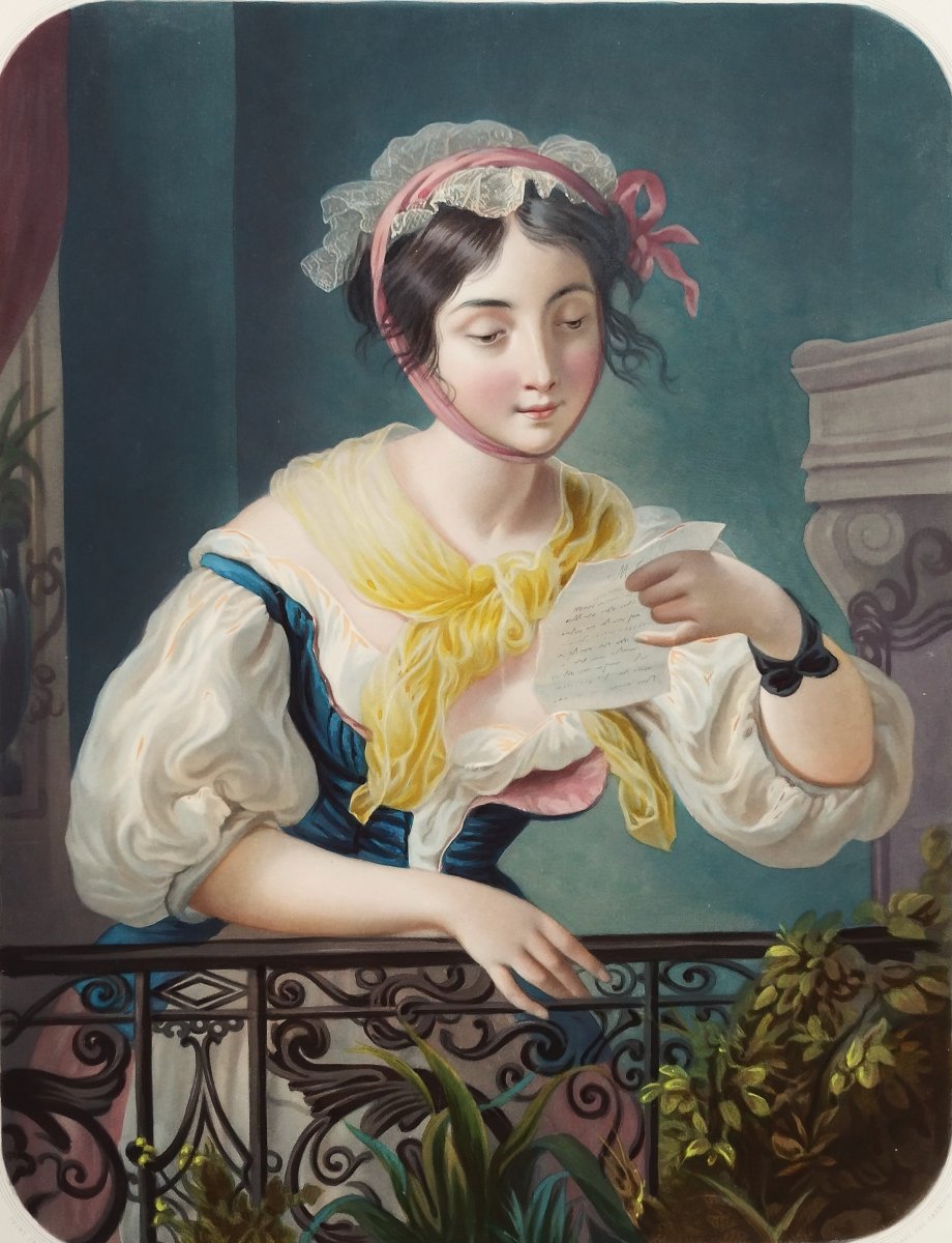Portrait de femme gravure  ancienne par Garnier d'après André, aquarellée -photo-4