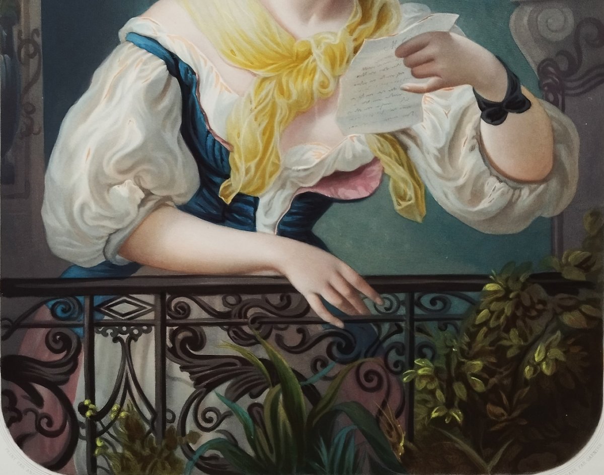 Portrait de femme gravure  ancienne par Garnier d'après André, aquarellée -photo-3