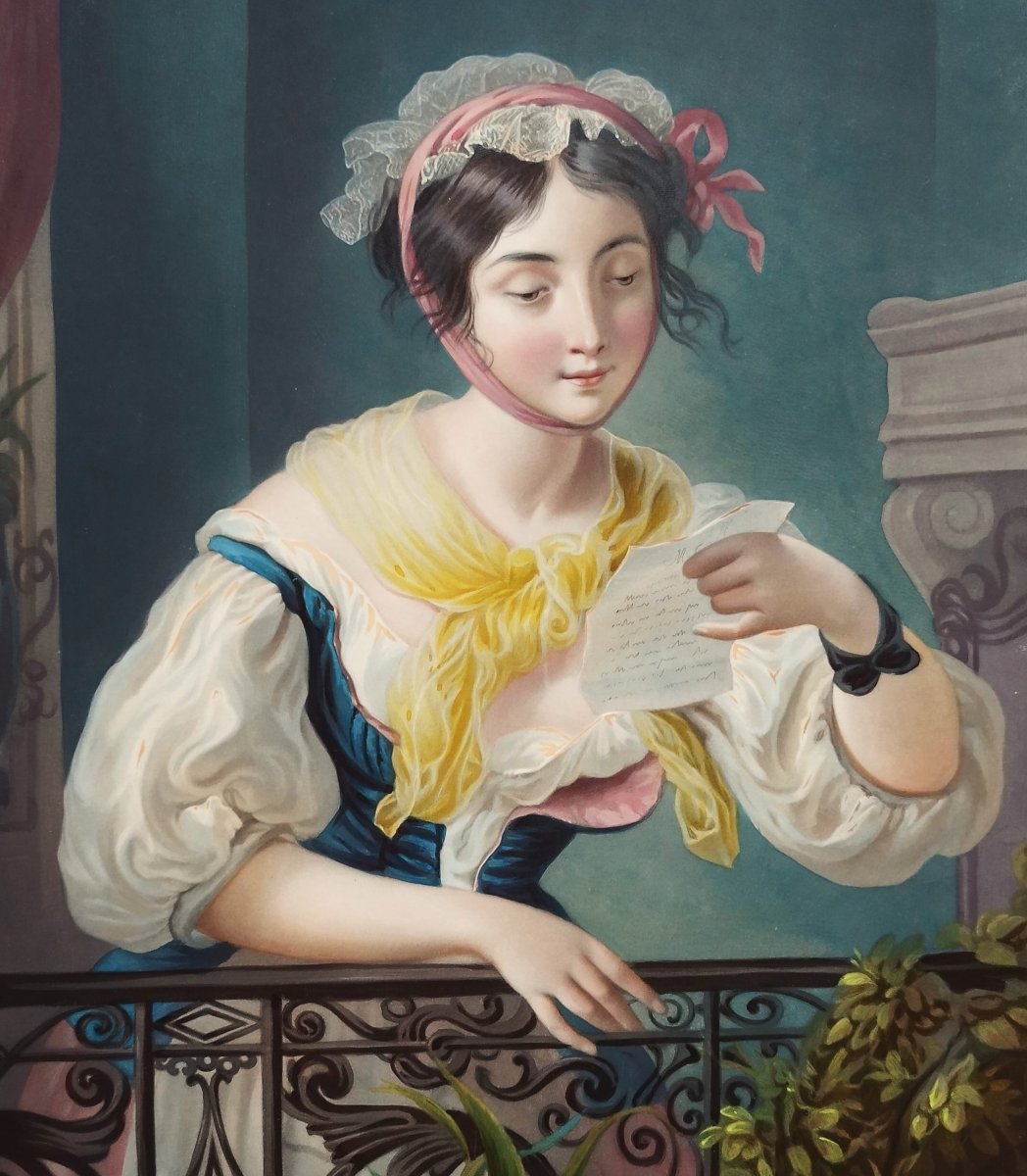 Portrait de femme gravure  ancienne par Garnier d'après André, aquarellée -photo-4