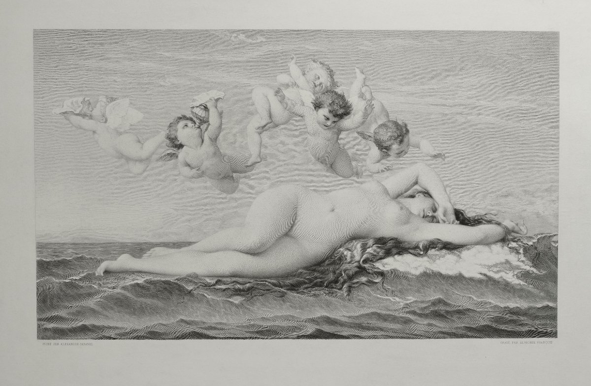 Antique Mythological Engraving Of Venus, After Cabanel, 19th C Etching Old Print