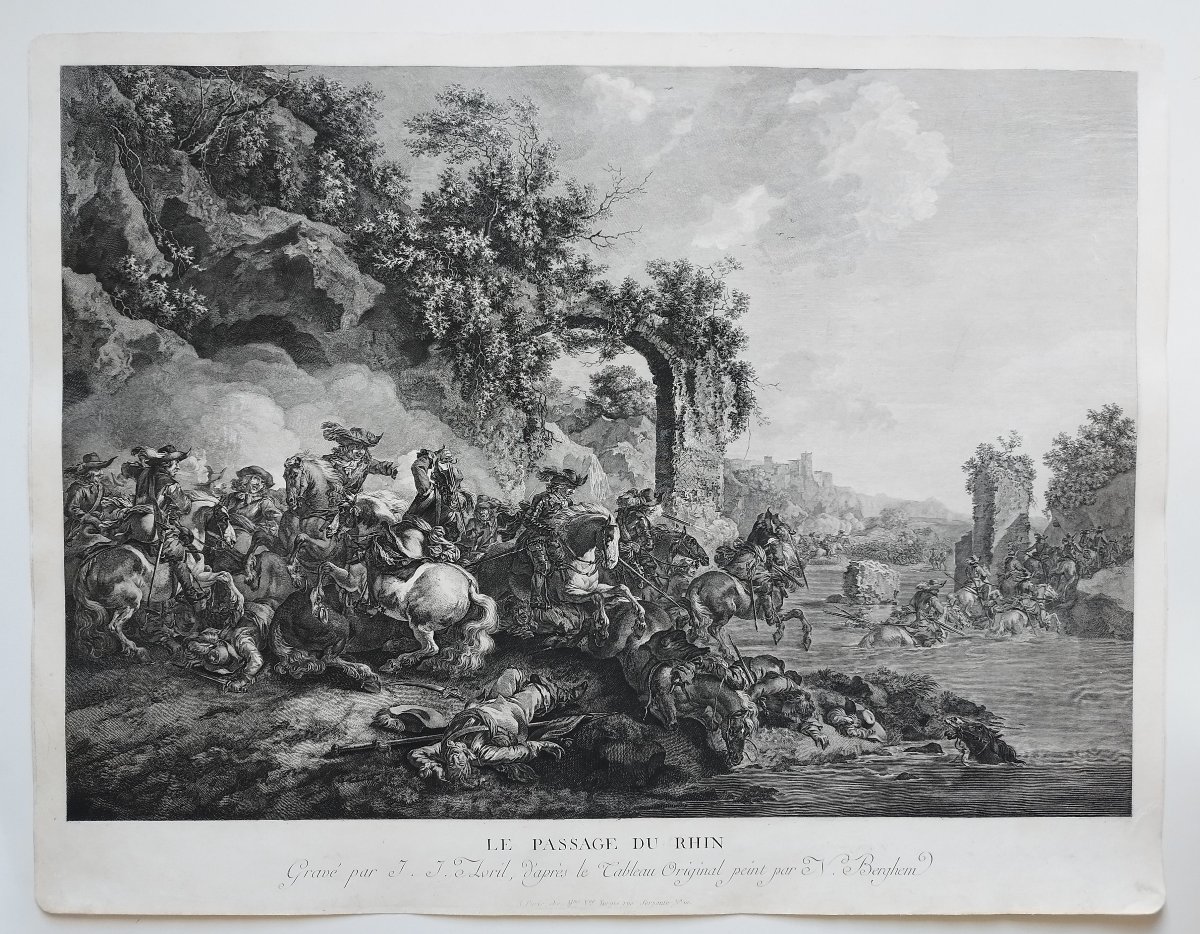 Engraving Of The Battle Of Le Passage Du Rhin, 18th C Horses Mounted Cavalry-photo-3