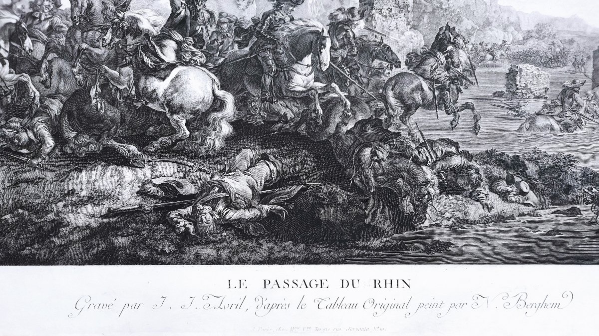 Engraving Of The Battle Of Le Passage Du Rhin, 18th C Horses Mounted Cavalry-photo-4