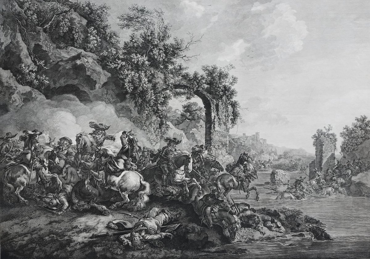 Engraving Of The Battle Of Le Passage Du Rhin, 18th C Horses Mounted Cavalry-photo-1