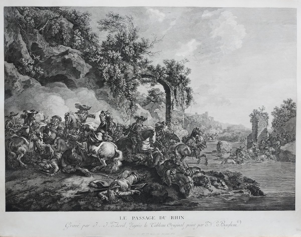 Engraving Of The Battle Of Le Passage Du Rhin, 18th C Horses Mounted Cavalry