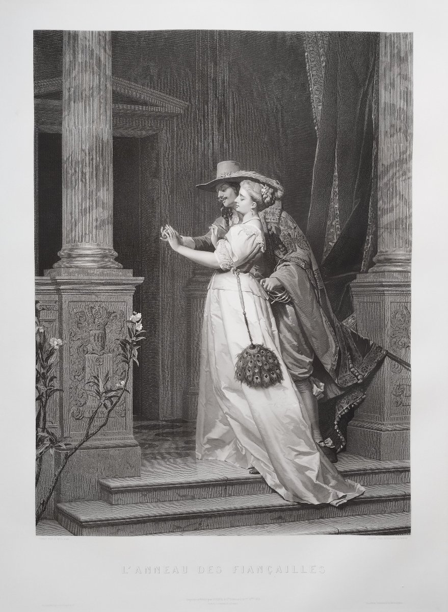 Etching Engagement Ring: Large Engraving Based On Willems, 19th Century Old Print-photo-3