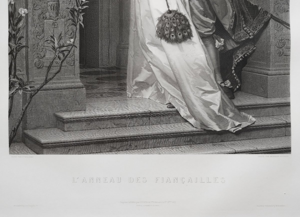 Etching Engagement Ring: Large Engraving Based On Willems, 19th Century Old Print-photo-1
