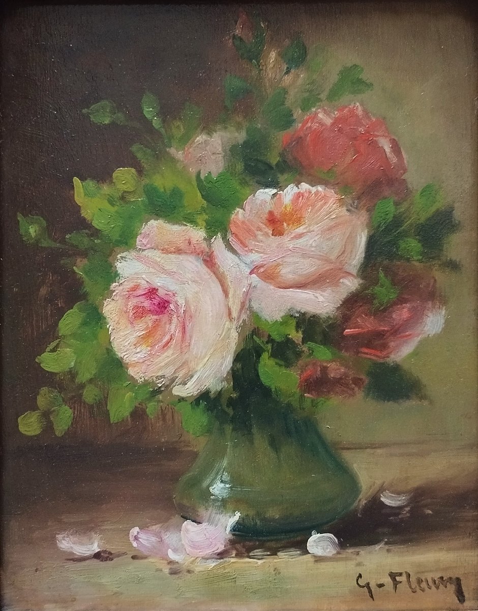  Oil Painting  Still Life Pink Flowers, Signed G. Fleury 20th-century-photo-2