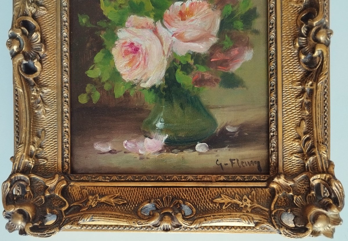  Oil Painting  Still Life Pink Flowers, Signed G. Fleury 20th-century-photo-3