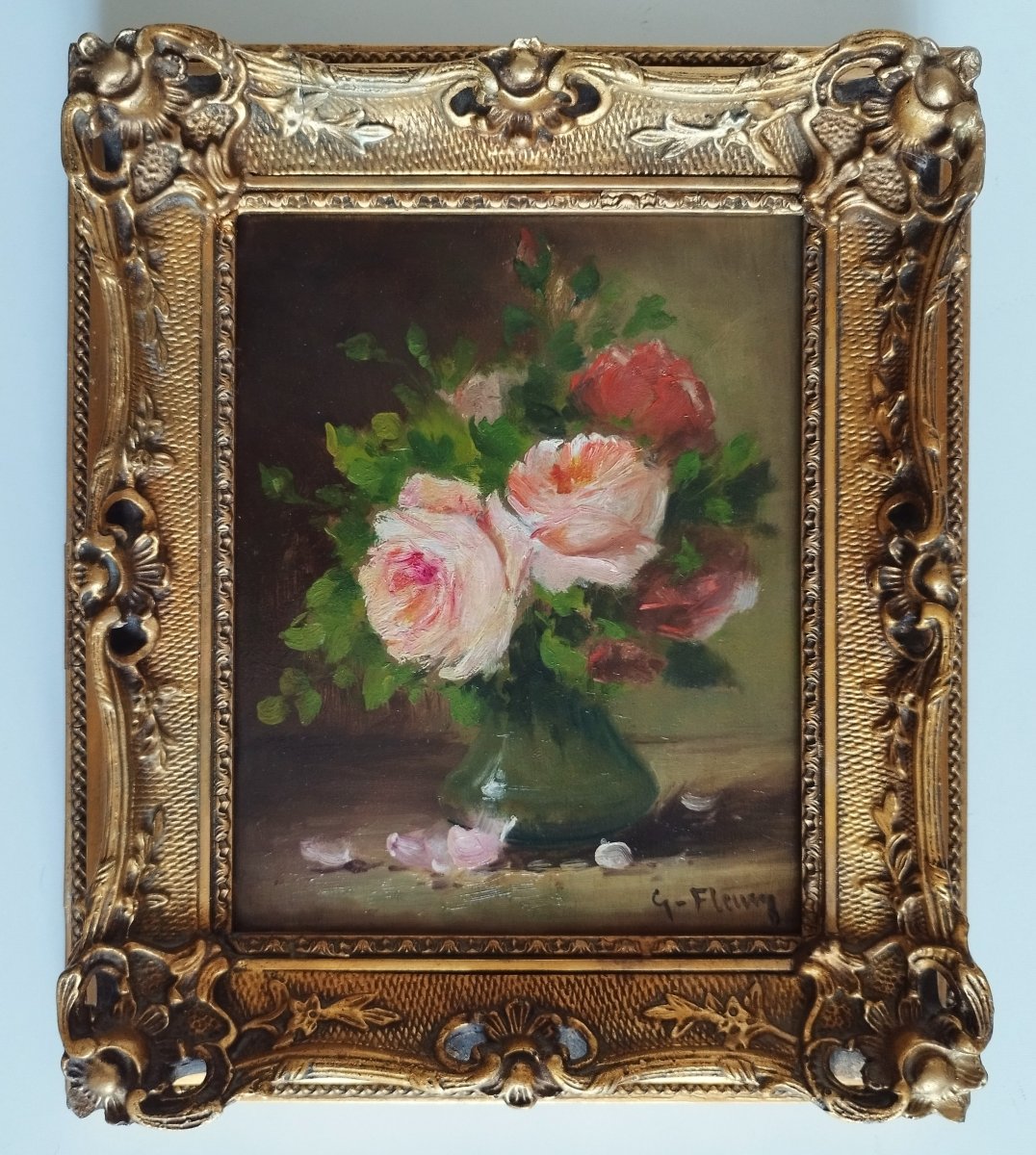  Oil Painting  Still Life Pink Flowers, Signed G. Fleury 20th-century-photo-4