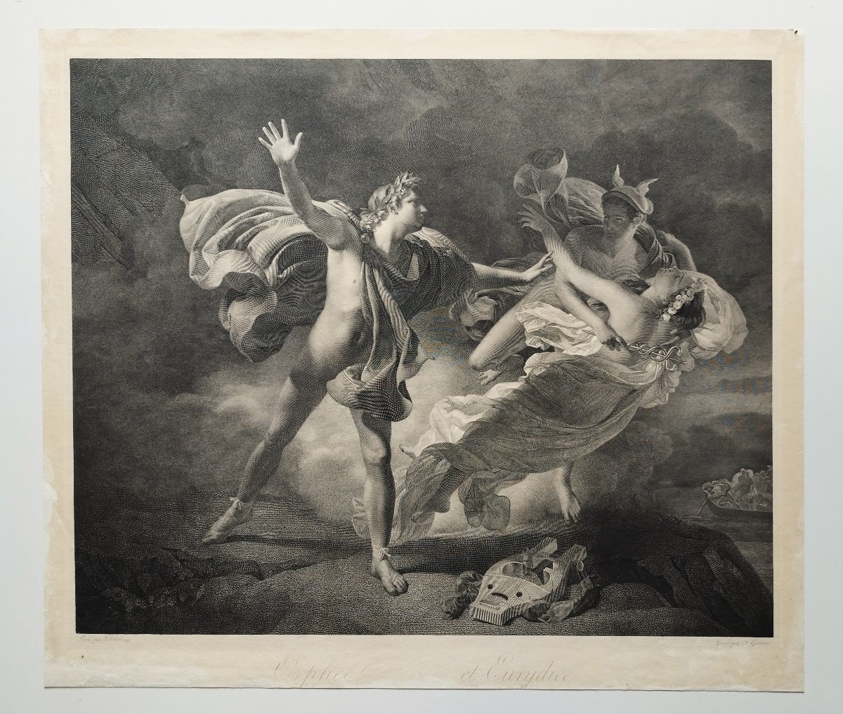 Etching Orpheus And Eurydice Mythological Engraving After Drolling, 19th Century Old Print-photo-2