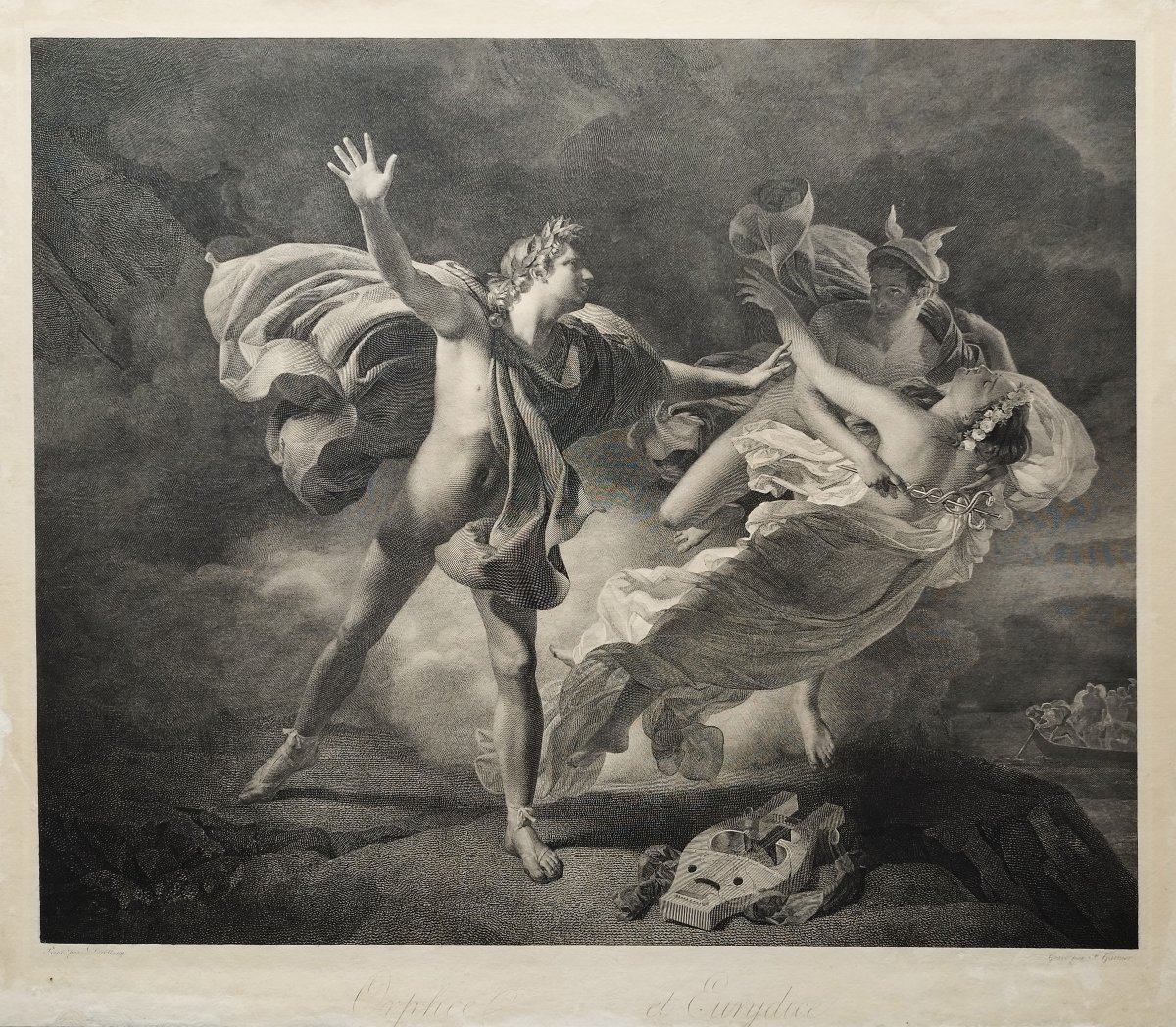 Etching Orpheus And Eurydice Mythological Engraving After Drolling, 19th Century Old Print-photo-3