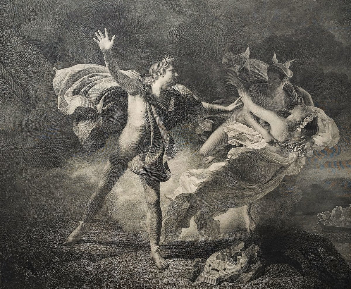 Etching Orpheus And Eurydice Mythological Engraving After Drolling, 19th Century Old Print-photo-4