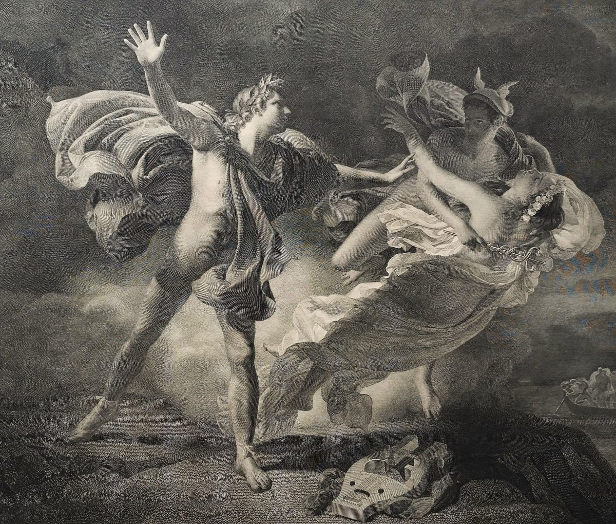 Etching Orpheus And Eurydice Mythological Engraving After Drolling, 19th Century Old Print-photo-6