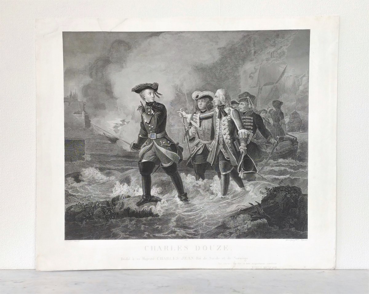  Grande Gravure Bataille Carl De Suède Charles XII d'après Schnetz 19ème-photo-3