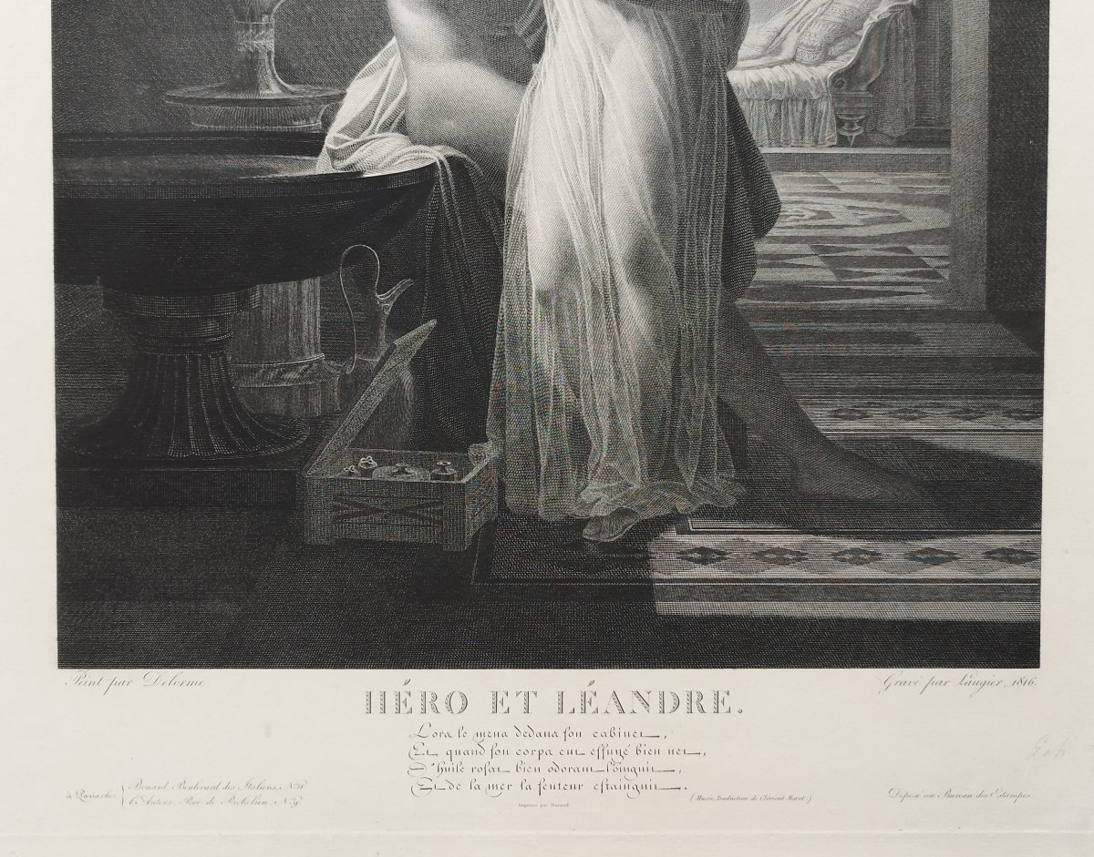 Héro Et Léandre Gravure Mythologique Néoclassique  d'Après Delorme 19ème-photo-1