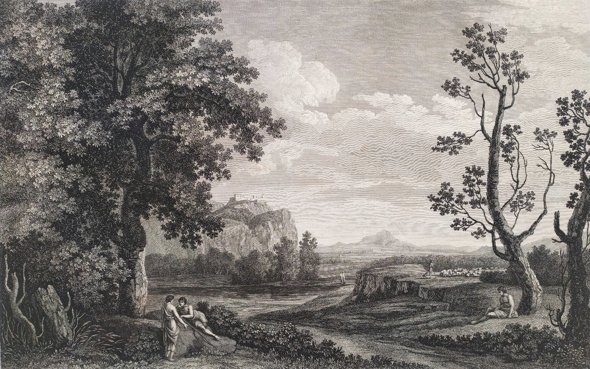 Romantic Landscape Engraving: "evening" By George Hackert, 18th C Old Print-photo-1