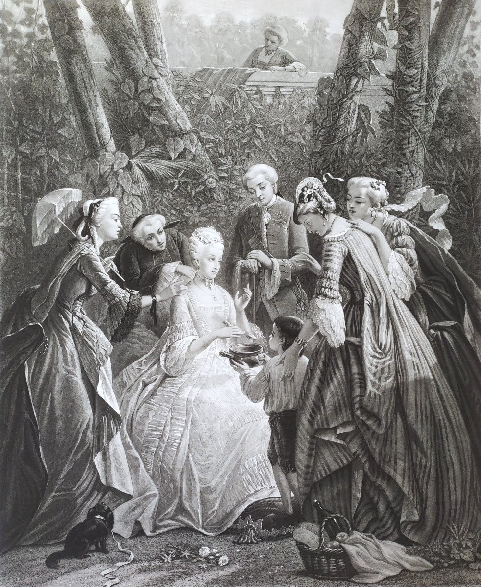  Marie Antoinette Au Petit Trianon Gravure XIXème d'apres Faustin Besson