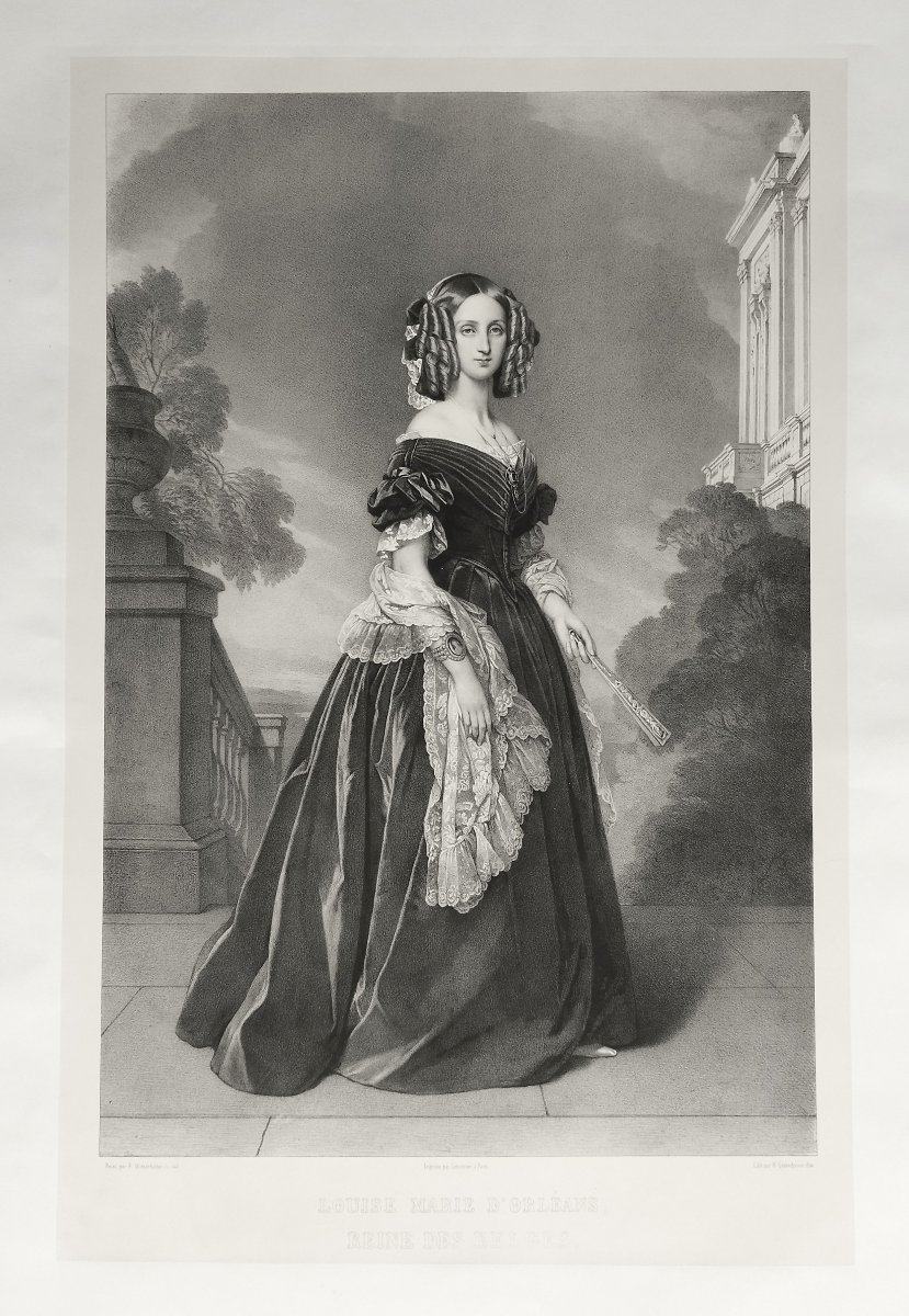 Reine De Belgique Louise Marie d'Orléans Grande Lithographie par Grevedon d'Après Winterhalter -photo-3