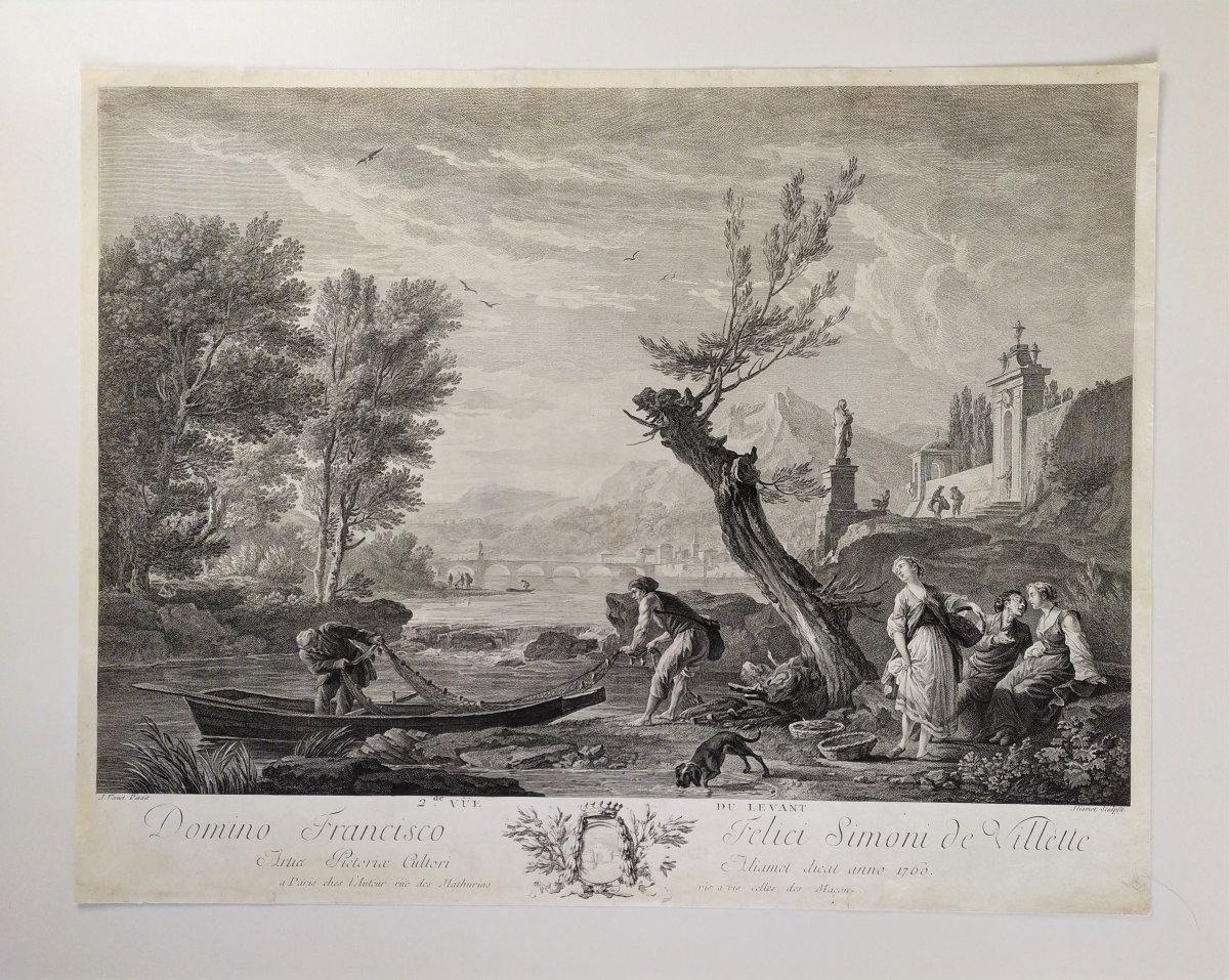  18th Century Seascape Small Boat On A River, French Engraving After Antique Oil Painting By Joseph Vernet-photo-2