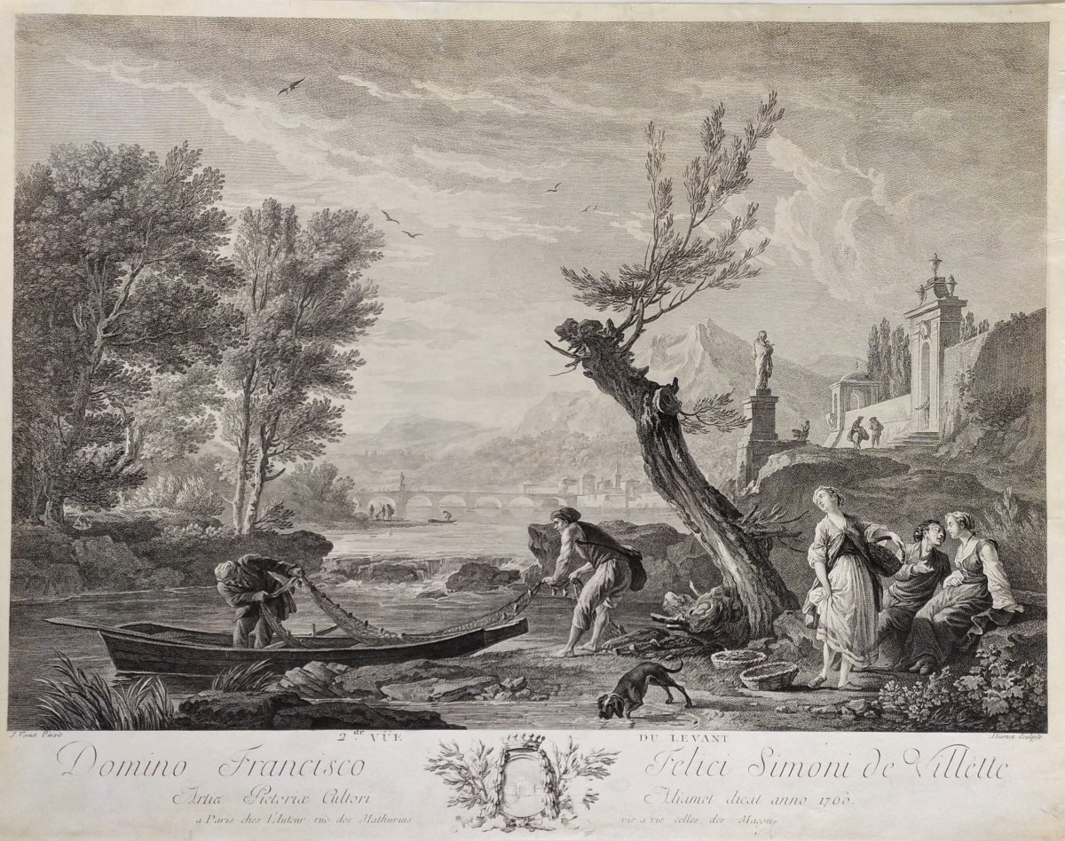  18th Century Seascape Small Boat On A River, French Engraving After Antique Oil Painting By Joseph Vernet-photo-7
