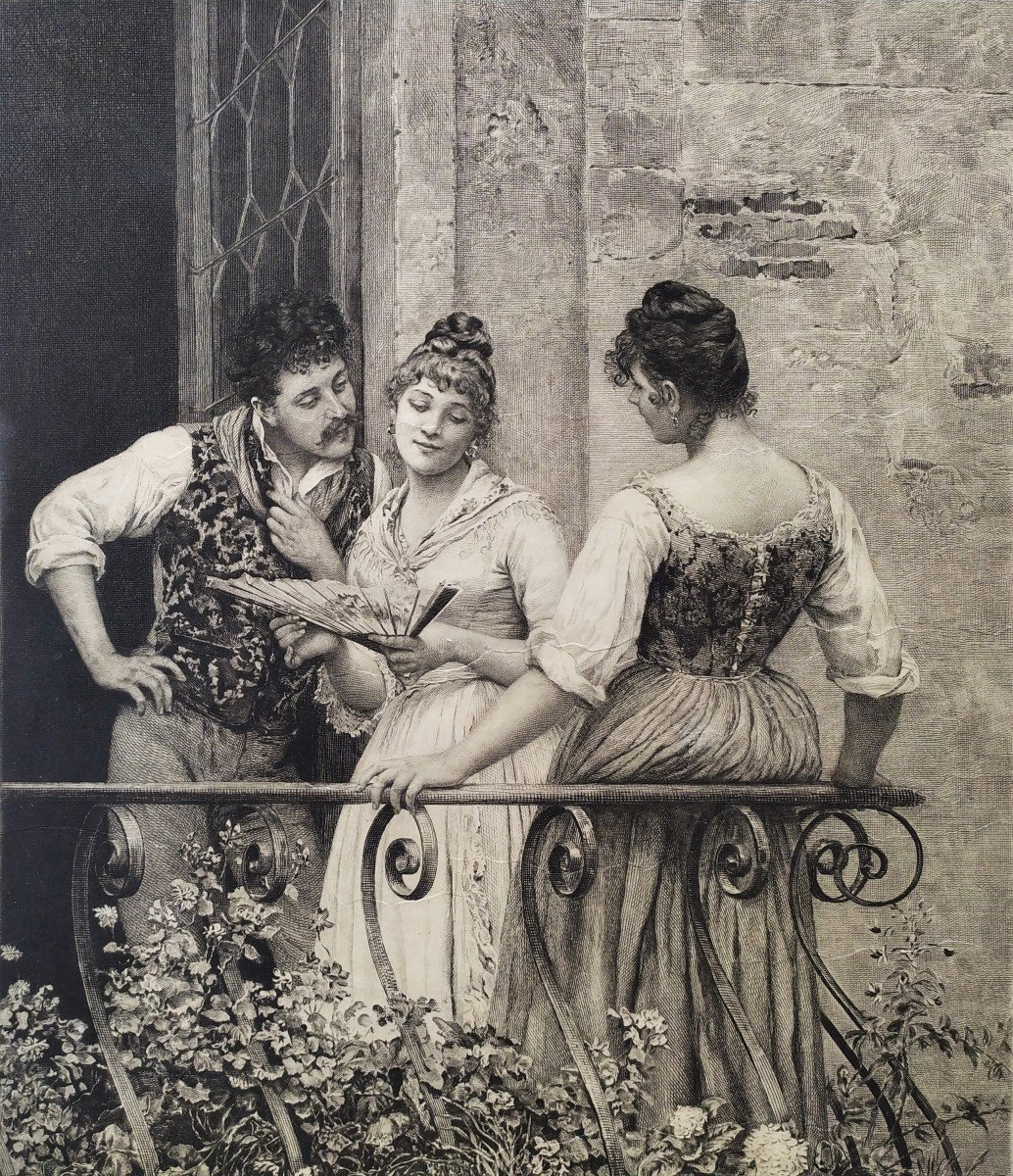 Gravure 19ème Scène Romantique d'Après Eugen De Blaas-photo-2