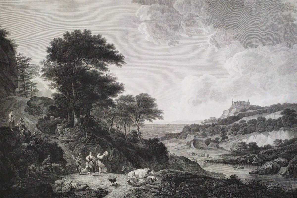 Château De Bentheim  l'Amusement Du Berger Gravure  d'Après Nicolas Berchem 1798-photo-1