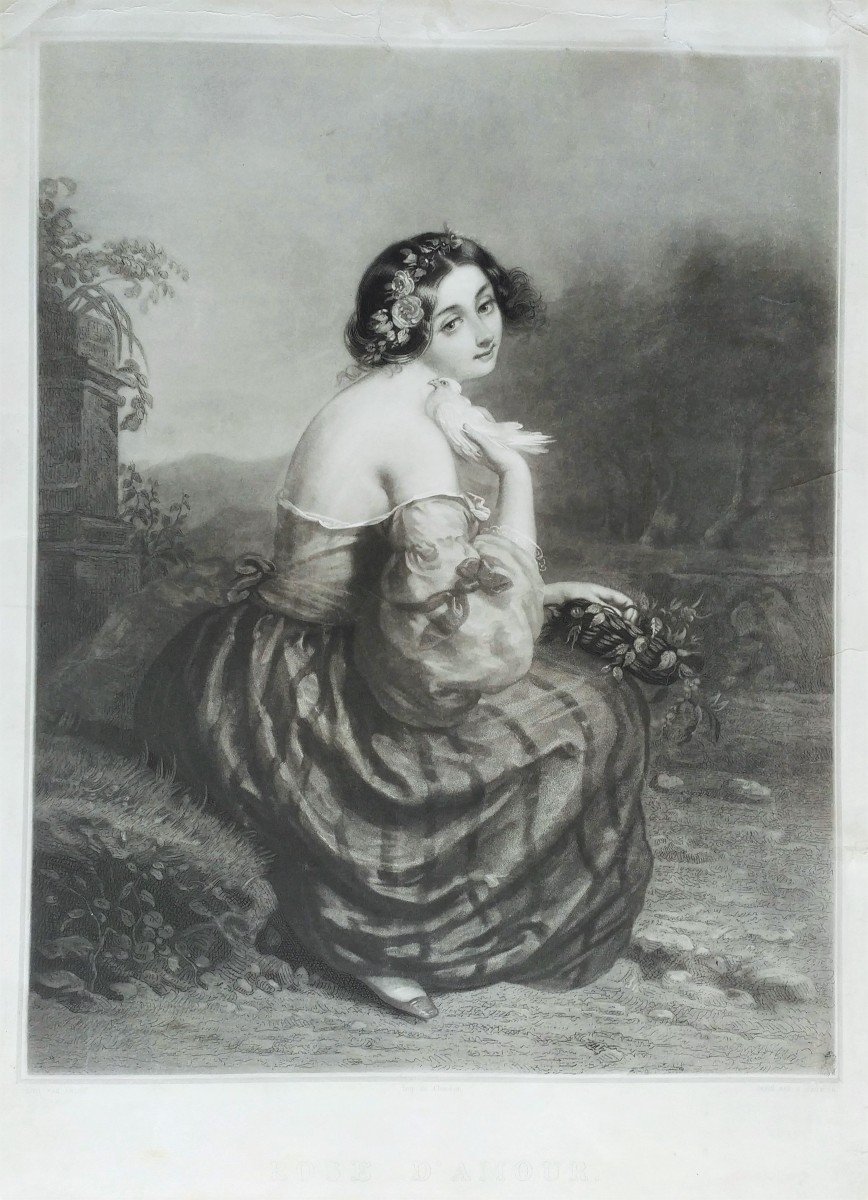 Female Portrait Rose Of Love Etching 19th C. -photo-2