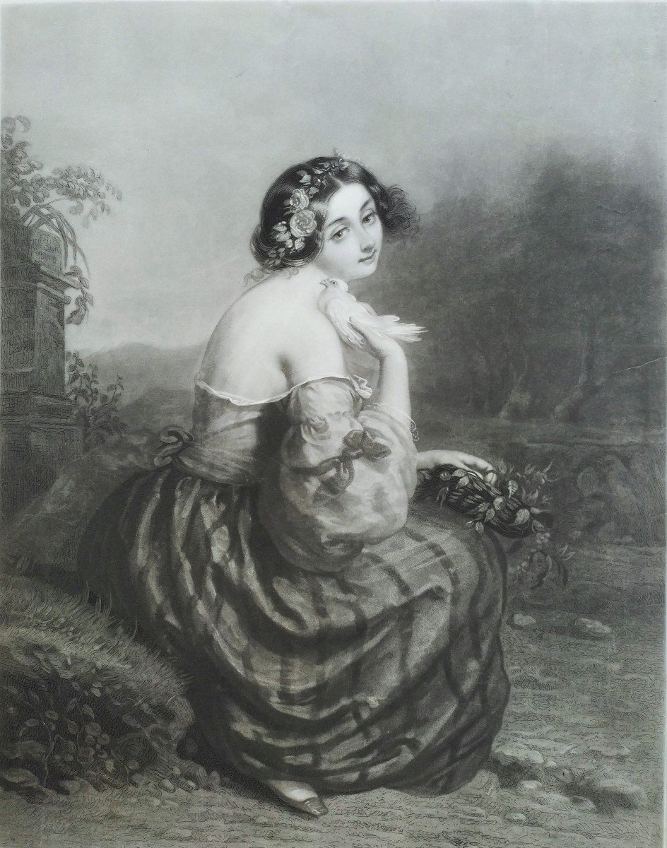 Female Portrait Rose Of Love Etching 19th C. -photo-3
