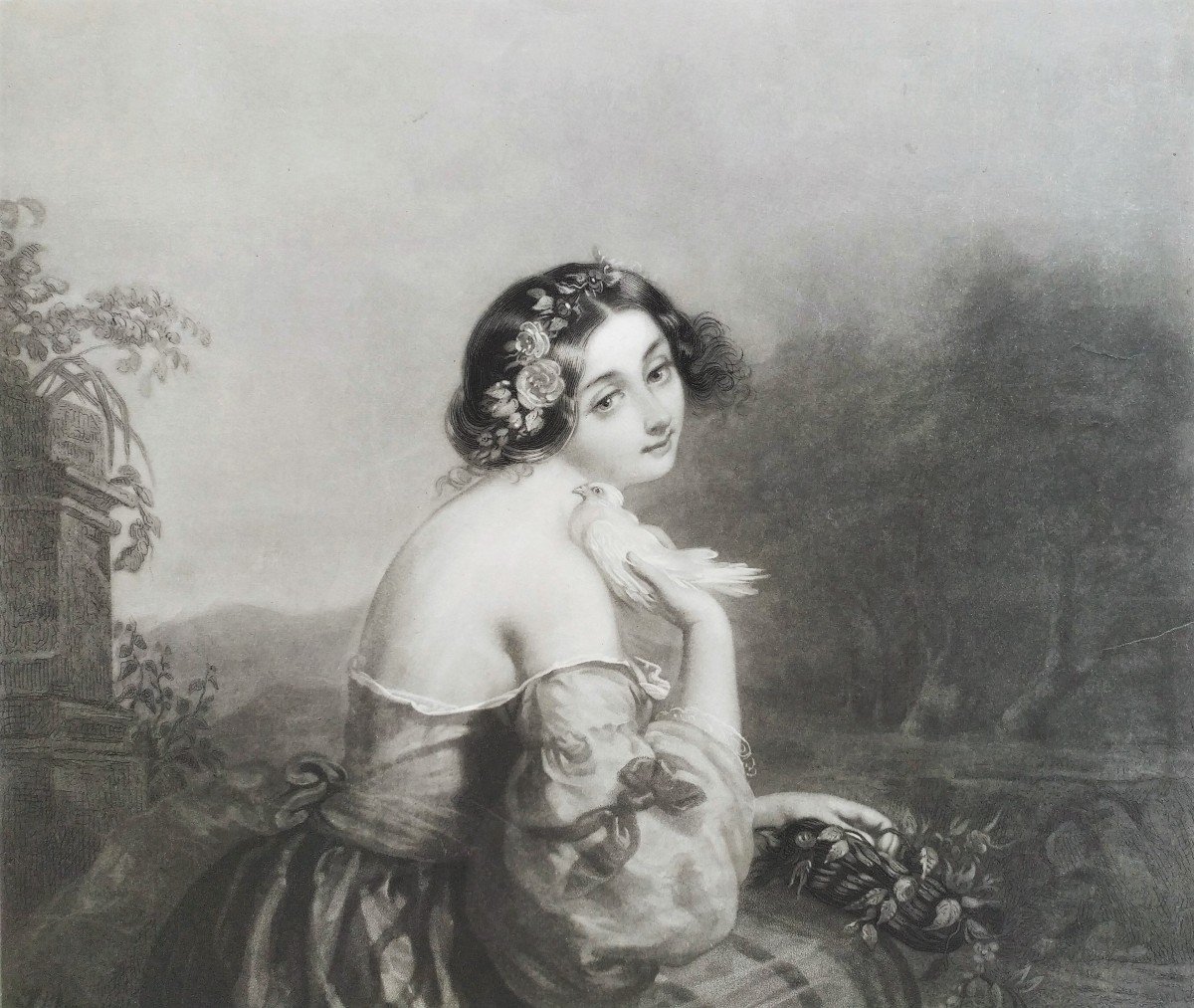 Female Portrait Rose Of Love Etching 19th C. -photo-1