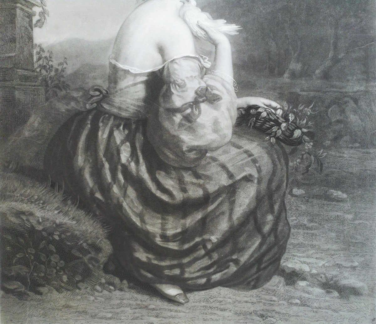Female Portrait Rose Of Love Etching 19th C. -photo-4