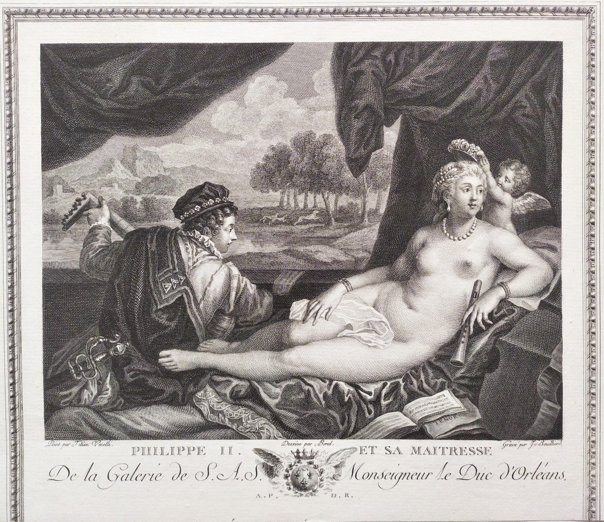 Philippe II Et Sa Maitresse Gravure d'Après Titien Vecelli