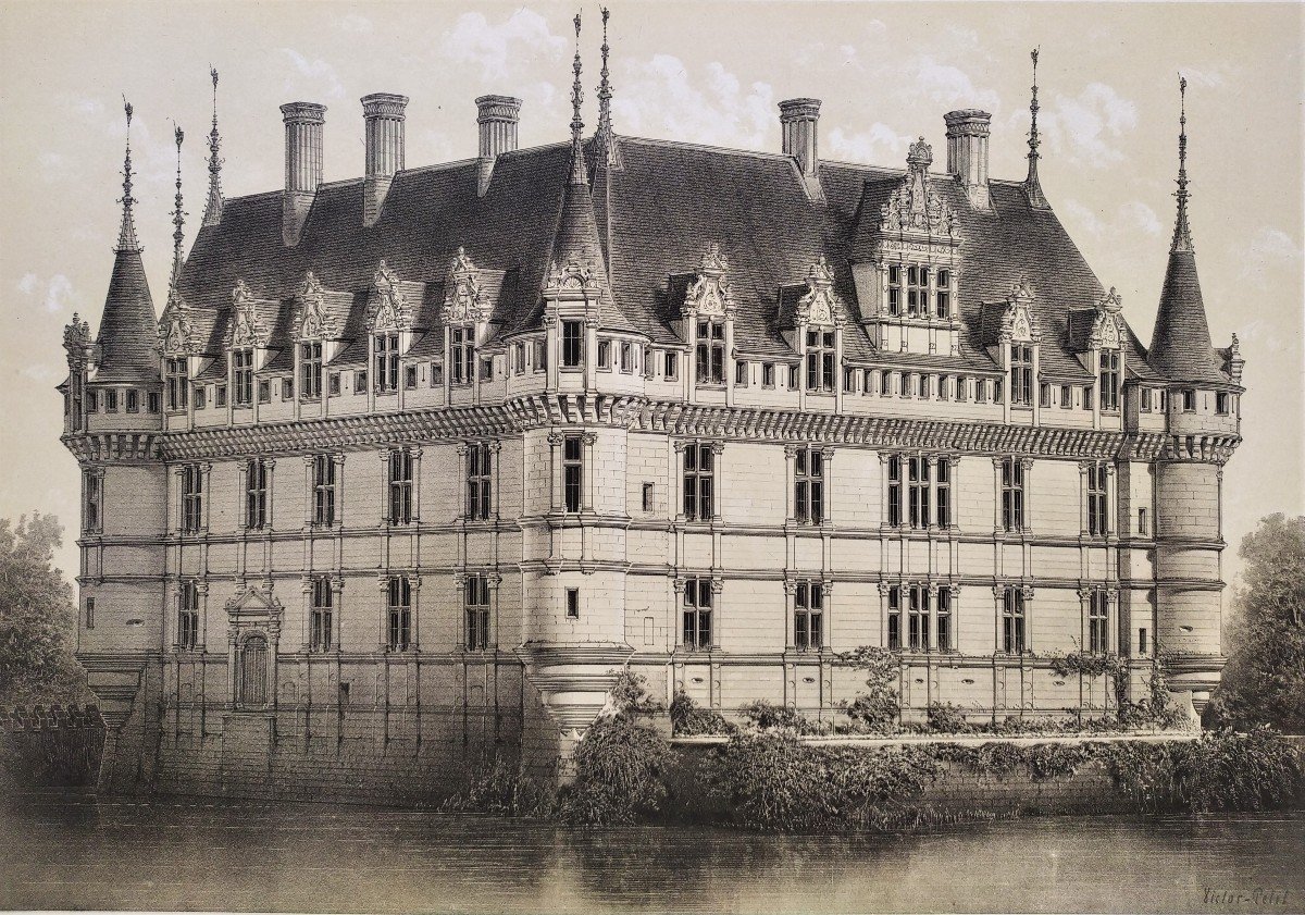 Château d'Azay-le-Rideau Lithographie XIXe Par Victor Petit