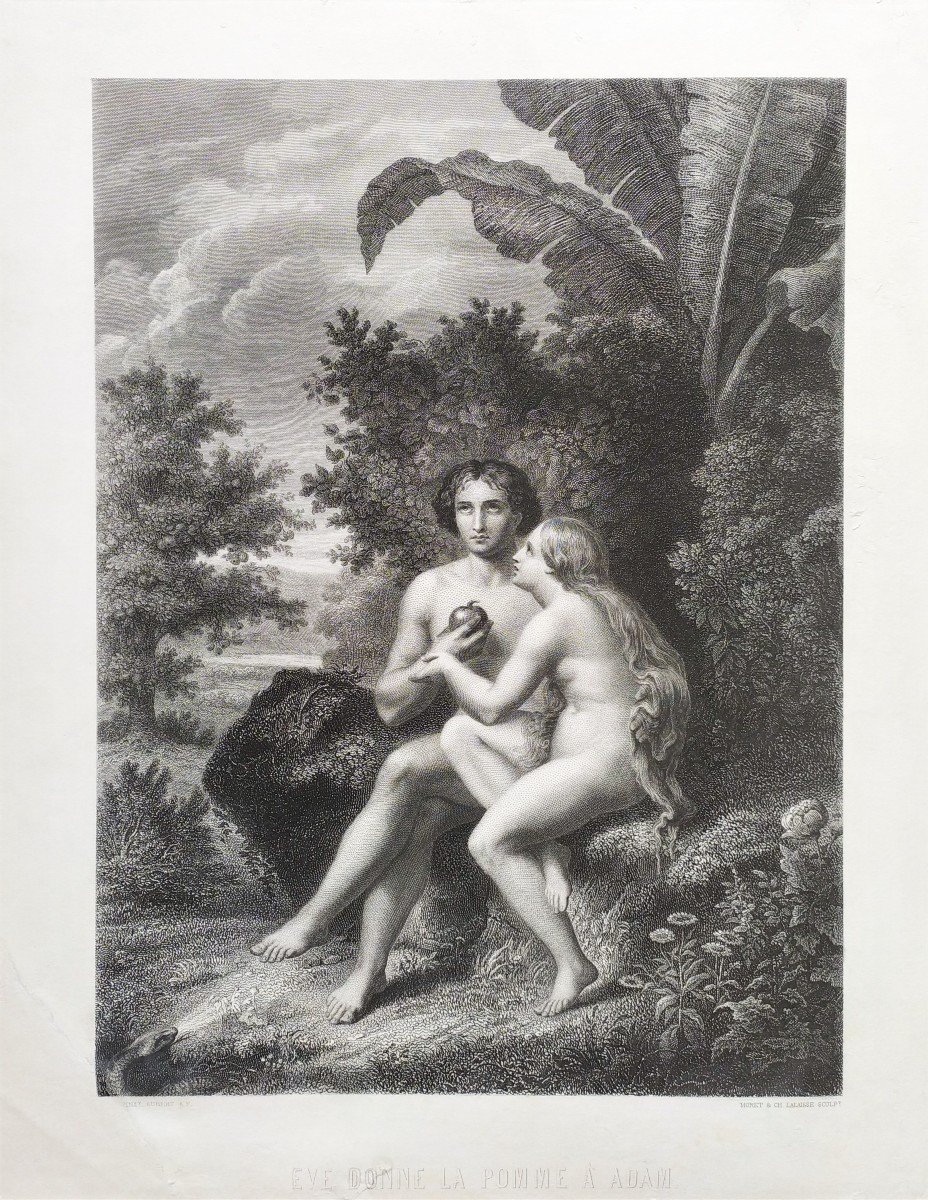 Eve Nu  Adam  Scène biblique  gravure-photo-3