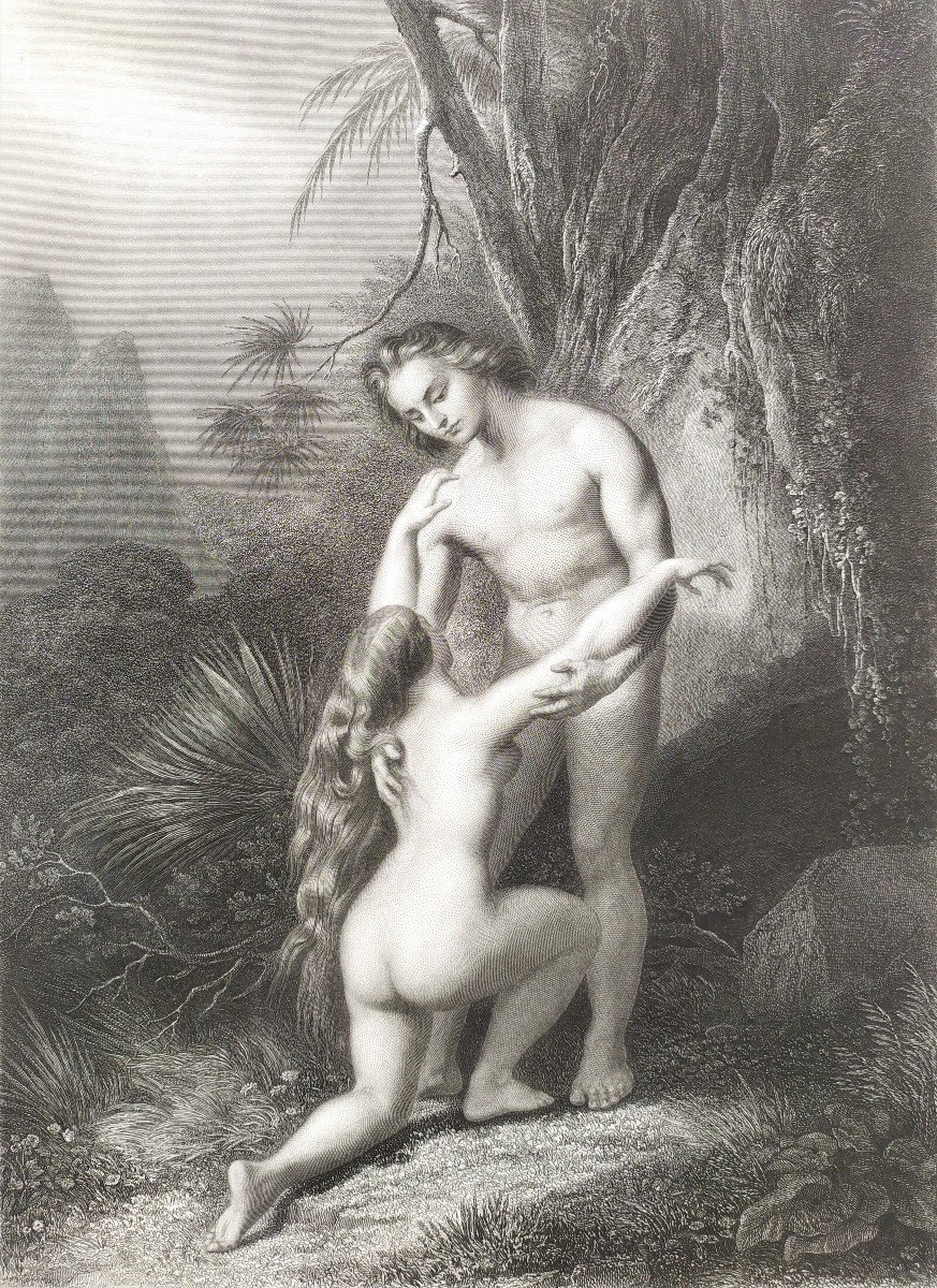 Eve Nu Adam  Scène biblique gravure