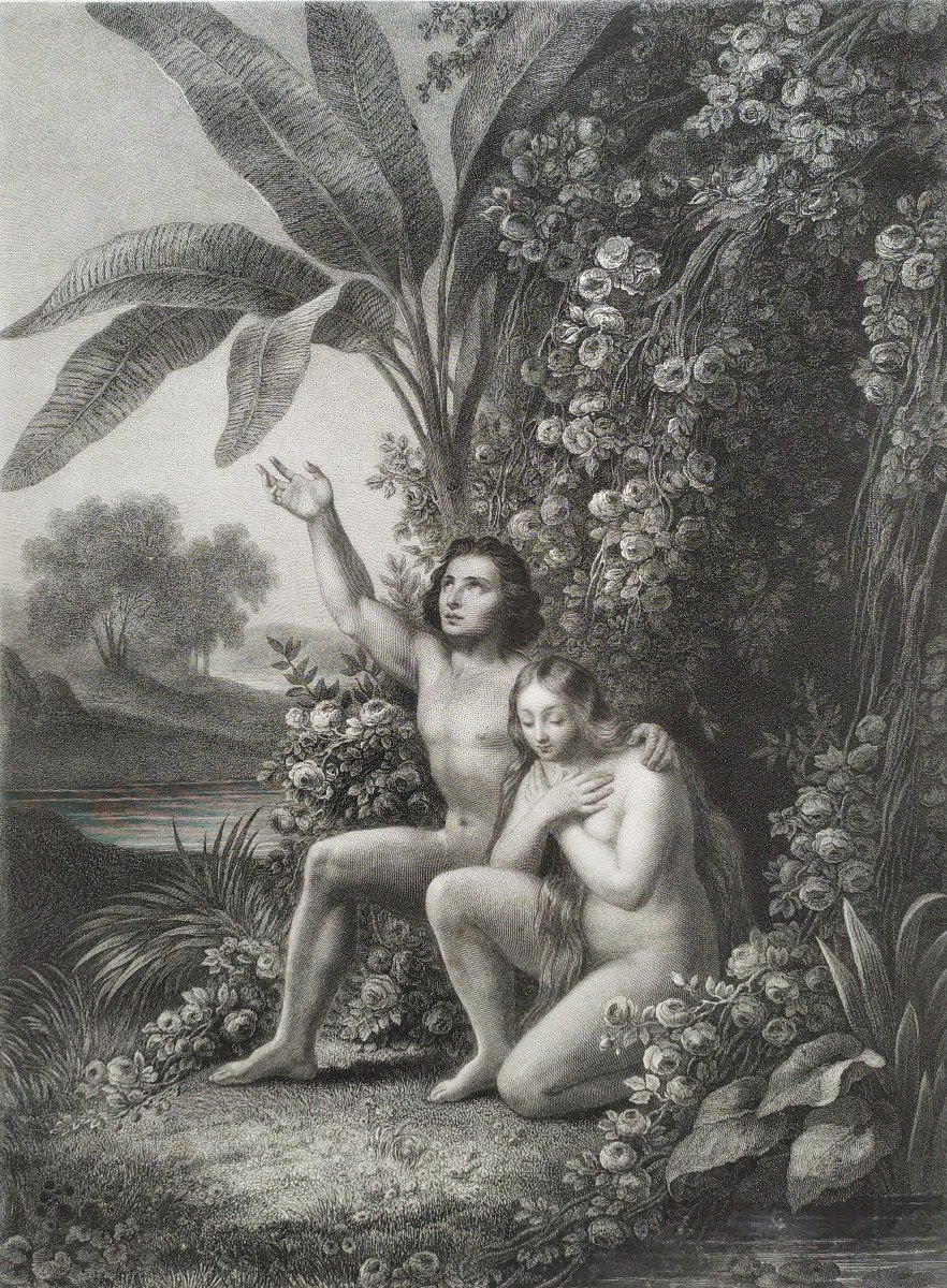 Eve Nu Adam scène biblique gravure