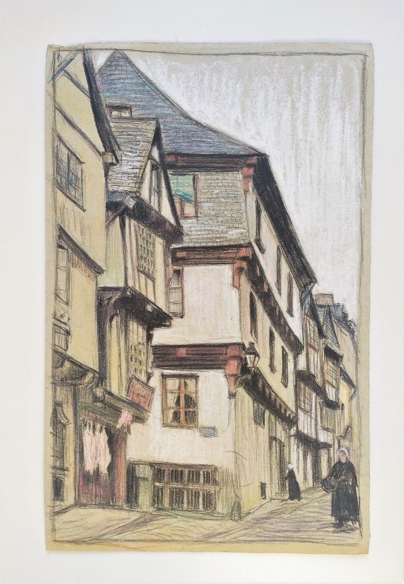 Old Street In Brittany Dinan Pastel Early 20th Century-photo-2