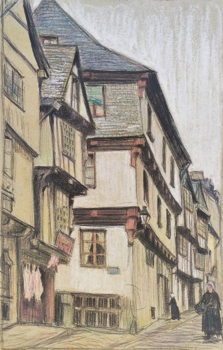 Old Street In Brittany Dinan Pastel Early 20th Century-photo-3