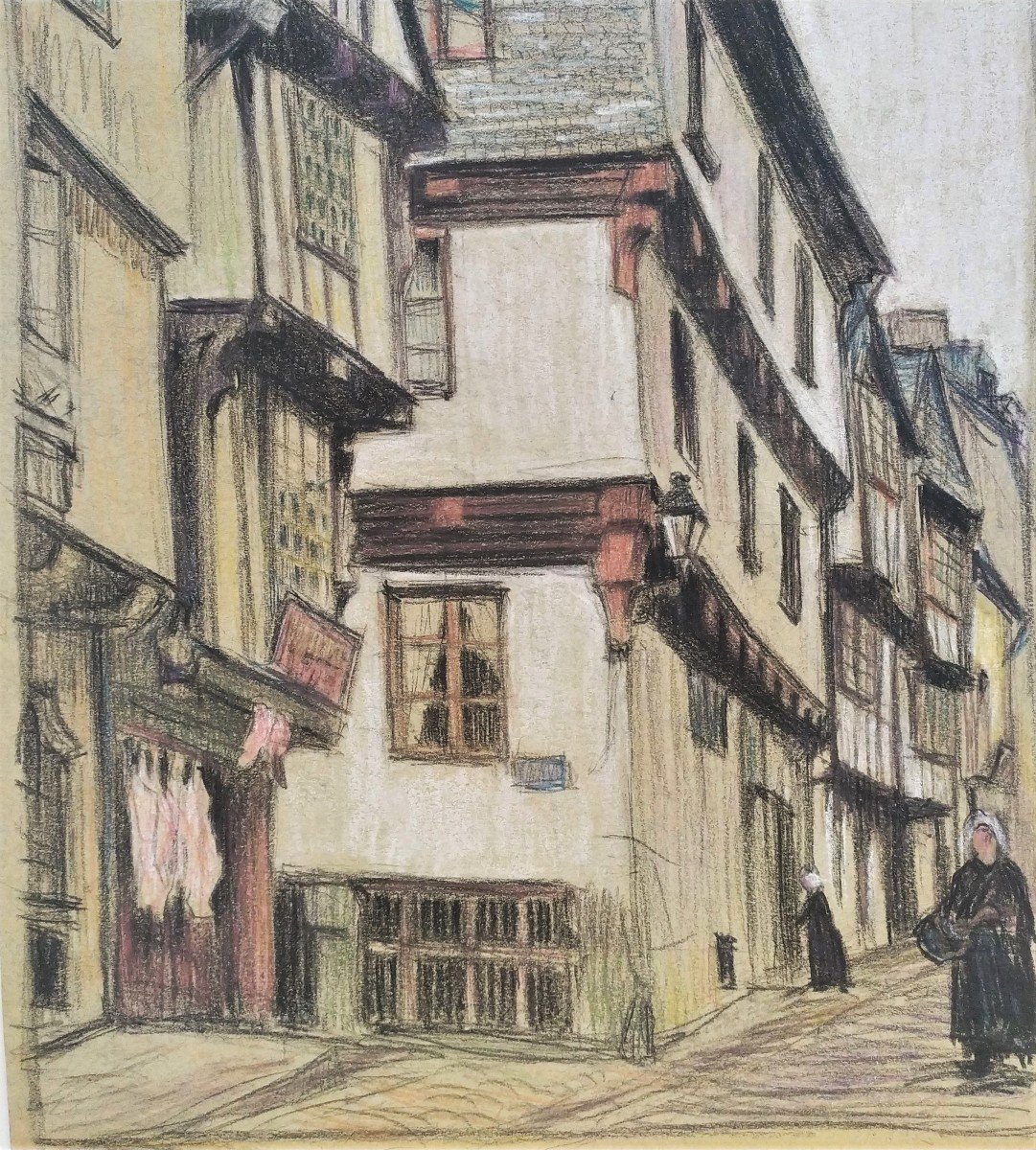 Old Street In Brittany Dinan Pastel Early 20th Century-photo-4