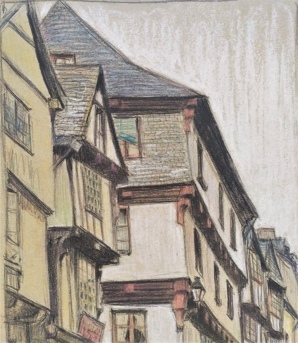 Old Street In Brittany Dinan Pastel Early 20th Century-photo-1