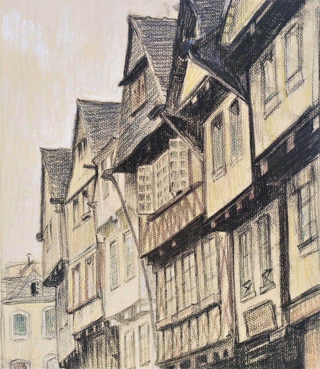 Ruelle Et Vieilles Maisons En Bretagne Fusain Et Crayon Gras-photo-1