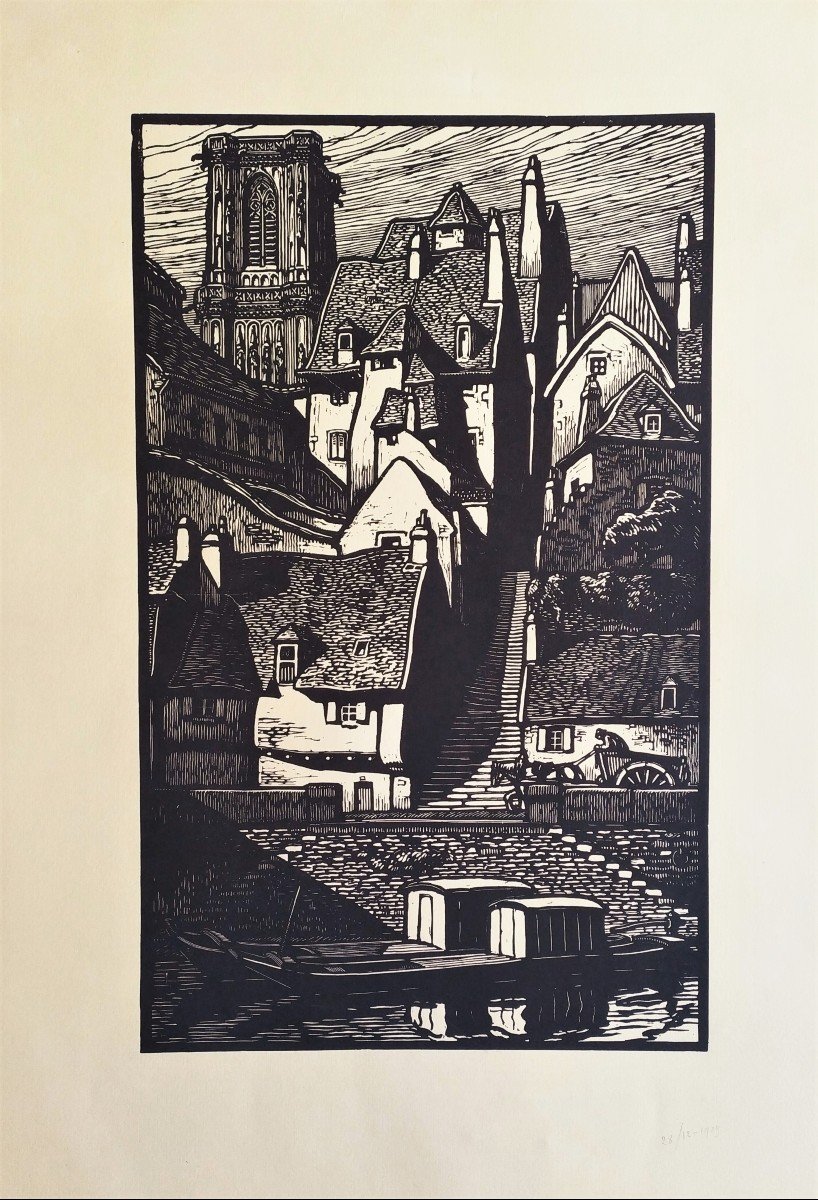 City In Brittany Woodcut  20th C-photo-3