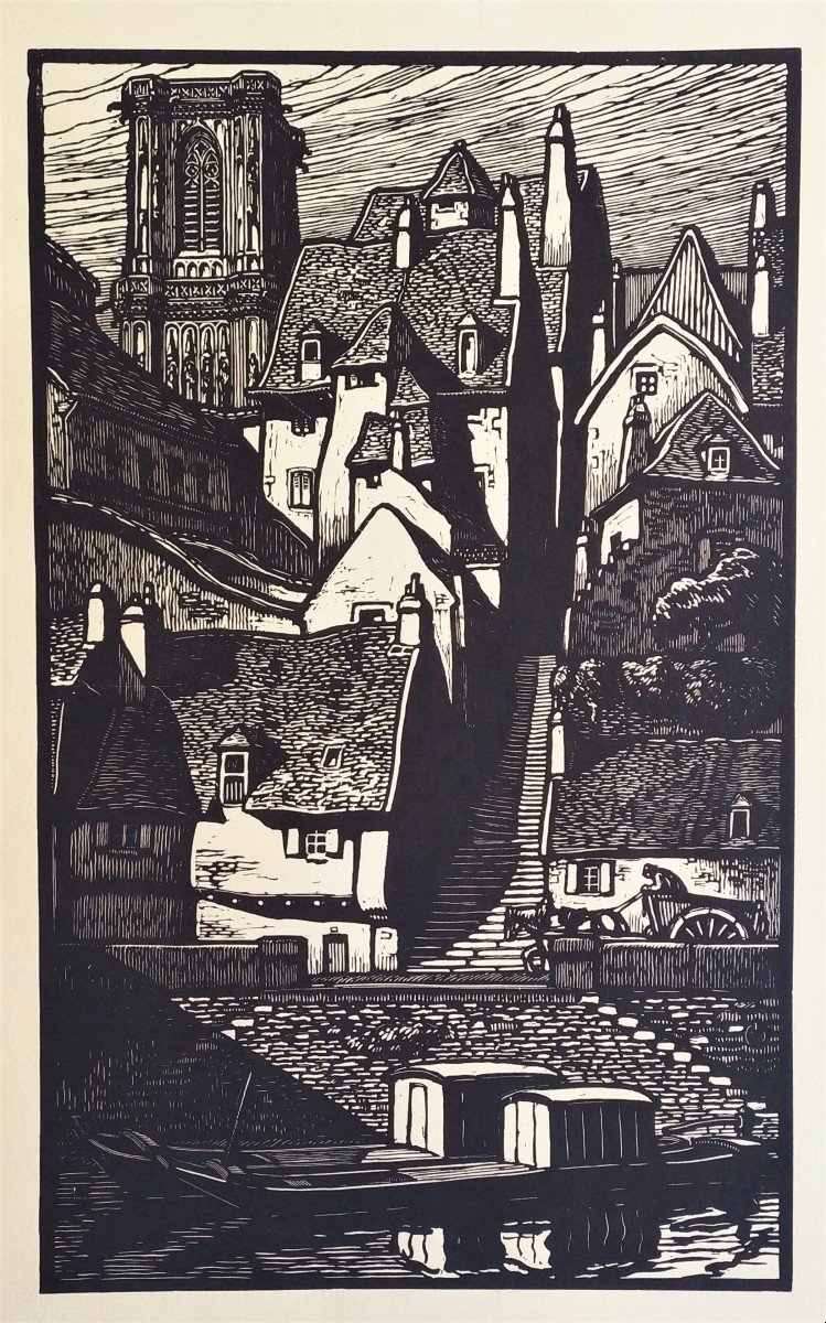 City In Brittany Woodcut  20th C-photo-1