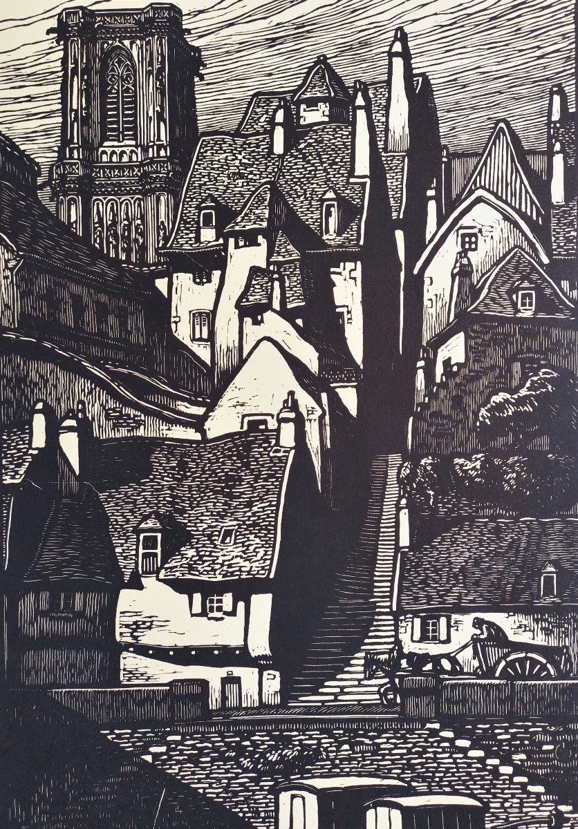 City In Brittany Woodcut  20th C-photo-2