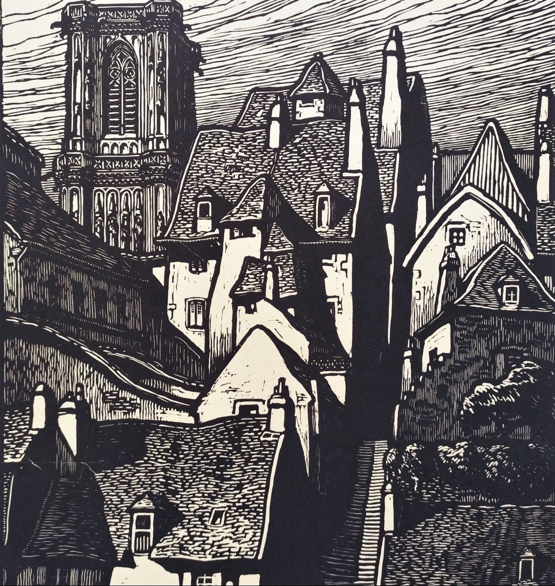 City In Brittany Woodcut  20th C-photo-3
