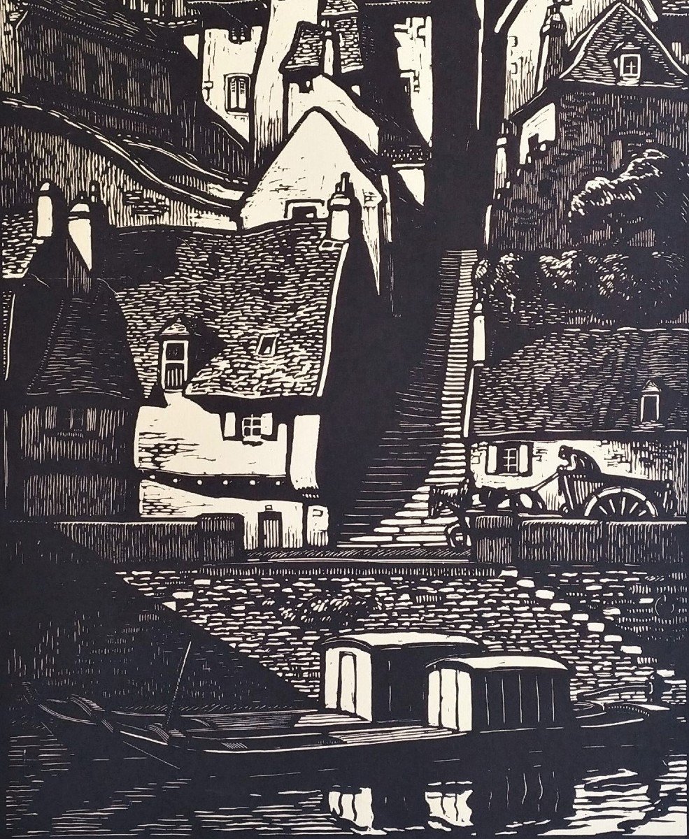 City In Brittany Woodcut  20th C-photo-4