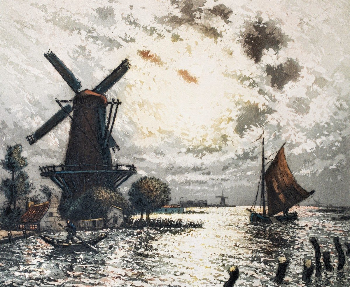 Gravure Aquatinte Par Arsène Chabanian Paysage Hollandais-photo-2