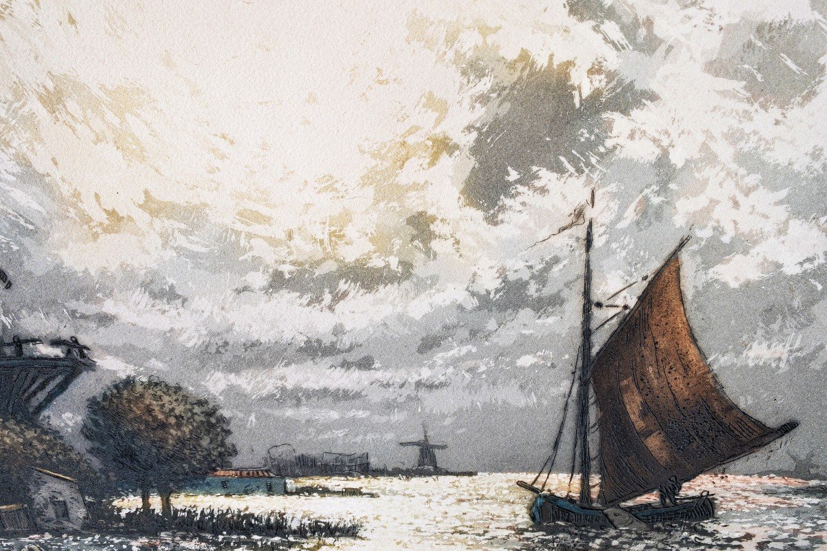 Gravure Aquatinte Par Arsène Chabanian Paysage Hollandais-photo-4