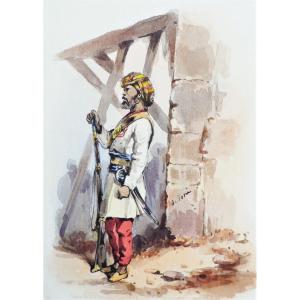 Soldat Indien, Aquarelle XIXème Par O. Norie