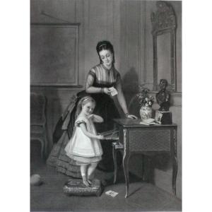 Mother With Child Etching  After Brochart 19th Century